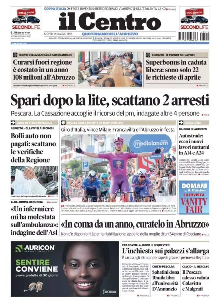 Prima-pagina-il centro-oggi-edizione-del-2024-05-16